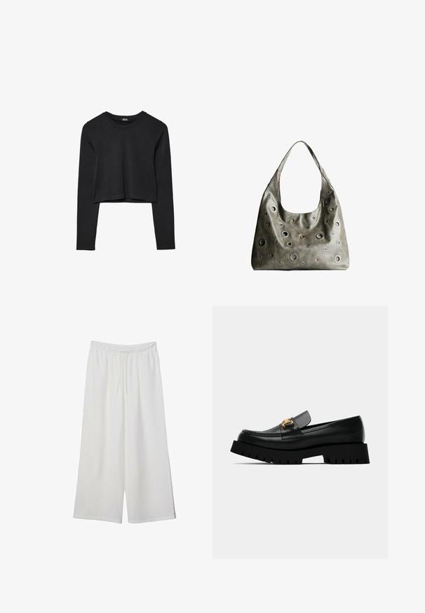 Mustat pitkät hihat lyhyt toppi, jossa on pyöreä kaula-aukko, yksinkertainen muotoilu ja hieman kaareva helma.; Valkoiset leveälahkeiset housut, jotka on valmistettu kevyestä kankaasta. Niissä on joustava vyötärö ja nauha säädettävää istuvuutta varten. Sileä pinta.; Musta nahkainen loafer, jossa on paksu musta pohja ja kultainen solki edessä. Sisältää ompelua varpaiden kohdalla ja tyylikkään muotoilun.; Oliivinvihreä nahkalaukku, jossa on rento muotoilu, ja jossa on erilaisia kokoisia pyöreitä läpivientejä sekä tummempia ja vaaleampia yksityiskohtia.