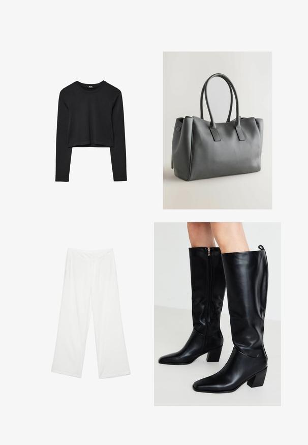Čierny dlhý rukáv skrátený top s okrúhlym výstrihom, jednofarebný dizajn a mierne zakrivený lem.; Biele široké nohavice z látky s hladkým povrchom, prednými vreckami a klasickým pásom s pútkami na opasok.; Čierne kožené čižmy po kolená s špicatou špičkou, blokovým podpätkom a bočným zipsom; hladká textúra a minimálne dizajnové detaily.; Sivá kožená kabelka s dvojitými uchami, obdĺžnikový tvar, hladká textúra a minimalistický dizajn. Obsahuje ploché bočné panely a jemné švy.