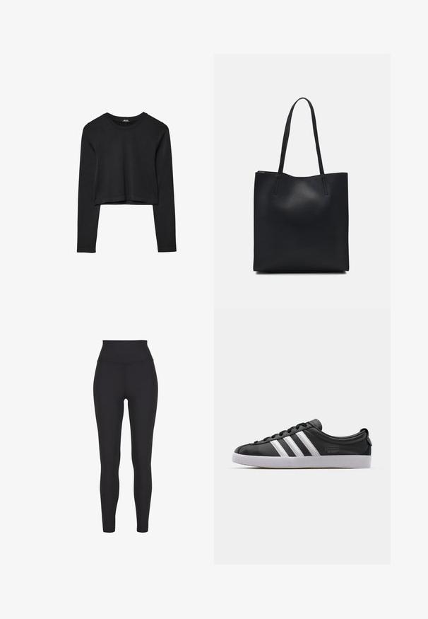 Schwarzes, langärmliges, kurz geschnittenes Oberteil mit Rundhalsausschnitt, schlichter Gestaltung und leicht abgerundetem Saum.; Hochgeschnittene schwarze Leggings aus elastischem Material, mit einer glatten Textur und einem figurbetonten Design ohne sichtbare Nähte oder Muster.; Schwarze Ledersneaker mit weißem Drei-Streifen-Design, runder Spitze, flacher weißer Gummisohle und Markenlogo an der Seite.; Schwarze Laptoptasche aus Leder mit glatter Textur, rechteckiger Form und zwei langen Griffen. Keine sichtbaren Beschläge oder Verzierungen.