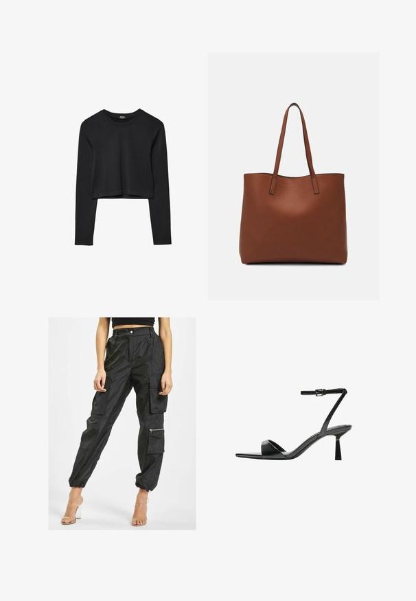 Schwarzes, langärmliges, kurz geschnittenes Oberteil mit Rundhalsausschnitt, schlichter Gestaltung und leicht abgerundetem Saum.; Schwarze Cargo-Hosen aus leichtem Stoff verfügen über mehrere Taschen, elastische Bündchen und eine seitliche Reißverschlusstasche für zusätzliche Funktionalität.; Bershka High Heel Sandalette - black; Braune Leder-Tote mit glatter Textur, offenem Oberteil und zwei Schulterriemen. Verfügt über minimale Nähte und keine sichtbaren Beschläge.