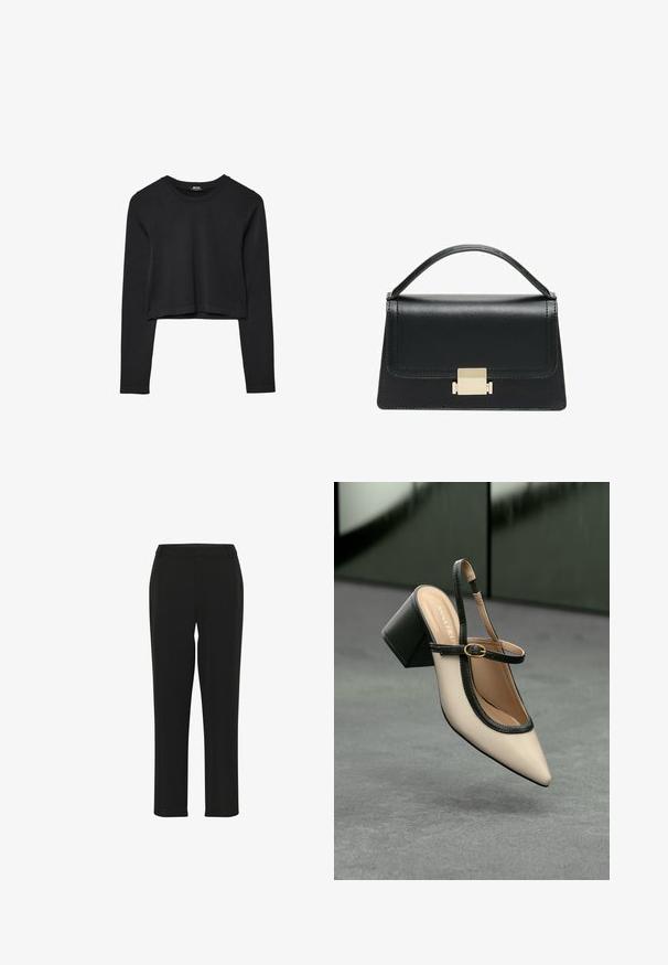 Czarny krótki top z długim rękawem, okrągłym dekoltem, gładkim wzorem i lekko zaokrąglonym dołem.; Czarne spodnie o prostym kroju, z gładką fakturą, dopasowanym pasem i bez widocznych ozdób czy wzorów.; Beżowy sandał na wysokim obcasie typu slingback z noskiem w szpic, czarną lamówką i detalem w postaci klamry. Gładki materiał o matowym wykończeniu, średni obcas w formie blokowej.; Czarna skórzana torebka o zorganizowanej konstrukcji, z górną rączką i złotym metalowym zapięciem z przodu. Gładka faktura, minimalne przeszycia.
