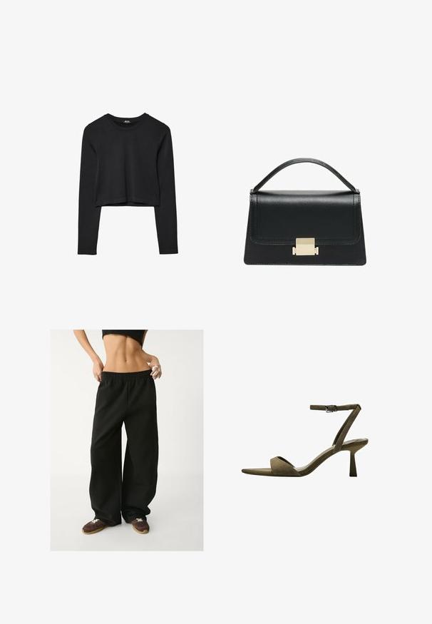 Schwarzes, langärmliges, kurz geschnittenes Oberteil mit Rundhalsausschnitt, schlichter Gestaltung und leicht abgerundetem Saum.; Schwarze, weite Jogginghosen mit elastischem Taillenbund. Hergestellt aus weichem Stoff und mit lockerer Passform. Kombiniert mit braunen Turnschuhen.; Bershka WITH ANKLE STRAP - Riemensandalette - mottled green; Schwarze Lederhandtasche mit strukturiertem Design, oberem Griff und einem goldenen Metallschnappverschluss auf der Vorderseite. Glatte Textur, minimale Nähte.