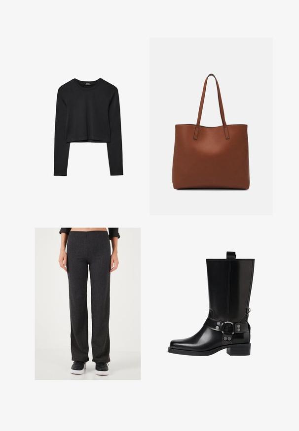 Schwarzes, langärmliges, kurz geschnittenes Oberteil mit Rundhalsausschnitt, schlichter Gestaltung und leicht abgerundetem Saum.; Dunkelgraue, gerippte Stoffhosen mit geradem Bein. Sie haben einen flachen Bund und eine subtile Textur, kombiniert mit schwarzen Sneakern.; Schwarze Lederstiefel bis zum Knie mit spitzer Zehenform, silbernen Schnallenakzenten und einem klobigen Absatz. Verfügt über eine Zuglasche für einfaches Anziehen.; Braune Leder-Tote mit glatter Textur, offenem Oberteil und zwei Schulterriemen. Verfügt über minimale Nähte und keine sichtbaren Beschläge.