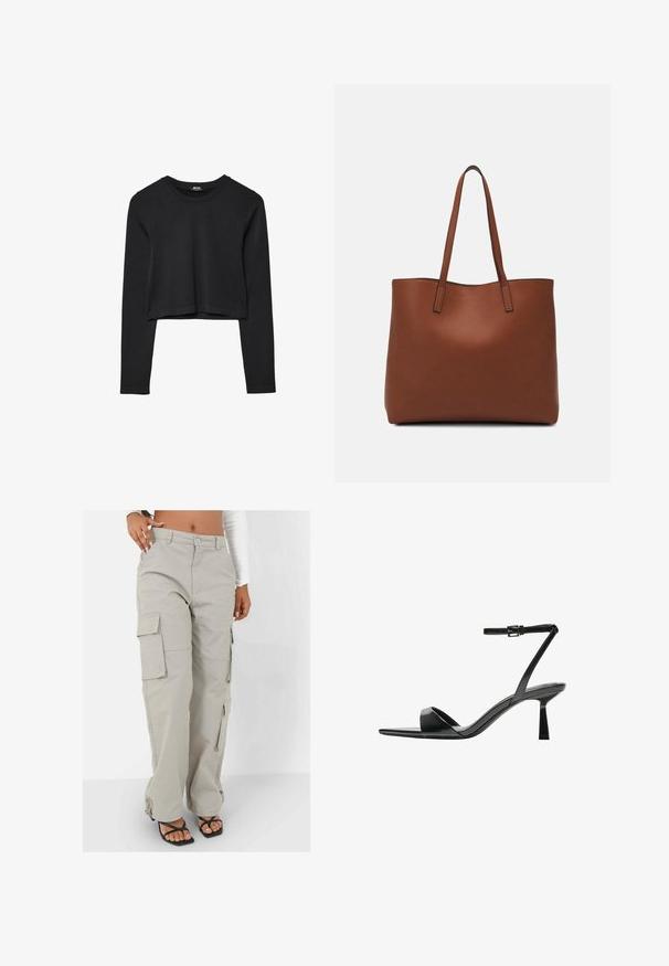 Sort langærmet cropped top med rund halsudskæring, ensfarvet design og let buet kant.; Bukser i let beige farve, lavet af et slidstærkt materiale. Har brede ben, flere sidelommer og en afslappet pasform med hardware detaljer.; Bershka Højhælede sandaletter / Højhælede sandaler - black; Brun læder tote taske med en glat overflade, åben topdesign og to skulderremme. Har minimal syning og ingen synlig hardware.