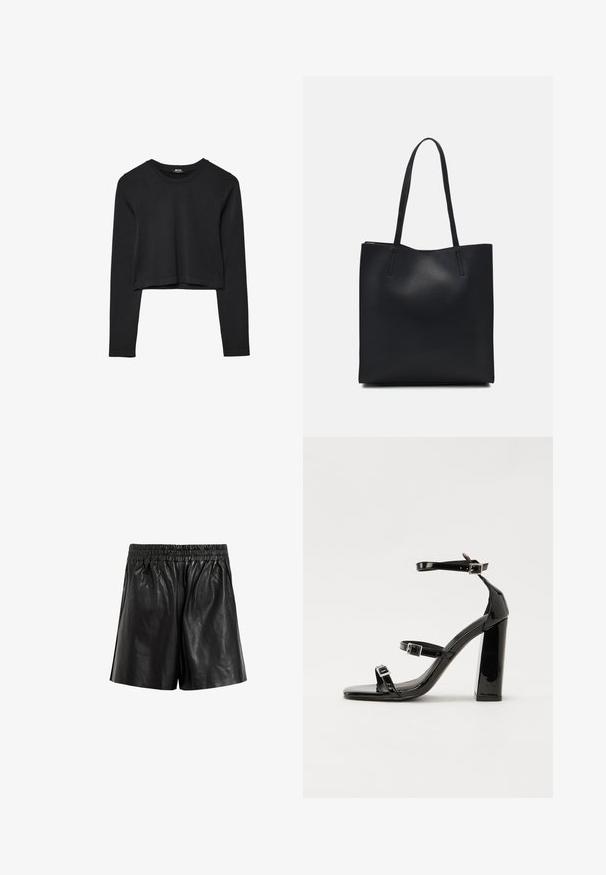 Schwarzes, langärmliges, kurz geschnittenes Oberteil mit Rundhalsausschnitt, schlichter Gestaltung und leicht abgerundetem Saum.; Schwarze Leder-Shorts mit einem elastischen Bund, die eine glatte Textur, weite Beine und keine sichtbaren Taschen oder Verzierungen aufweisen.; Schwarze Lackleder-Sandalen mit hohen Absätzen, zwei Riemen mit Schnallen, quadratischer Zehenpartie und klobigem Blockabsatz, mit einer glatten, glänzenden Textur.; Schwarze Laptoptasche aus Leder mit glatter Textur, rechteckiger Form und zwei langen Griffen. Keine sichtbaren Beschläge oder Verzierungen.