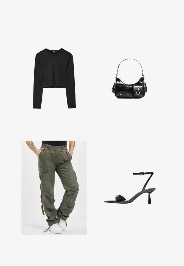 Černý dlouhý rukáv cropped top s kulatým výstřihem, jednoduchý design a mírně zaoblený lem.; Olivově zelené cargo kalhoty s mnoha kapsami, stahovacími šňůrkami v pase a volným střihem. Materiál má jemnou texturu a pevný, odolný vzhled.; Bershka Sandály na vysokém podpatku - black; Černá lakovaná kožená kabelka s křivkovým tvarem, jedním ramenním popruhem, předními kapsami a stříbrnými kovovými detaily.