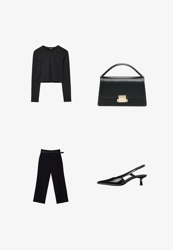 Czarny krótki top z długim rękawem, okrągłym dekoltem, gładkim wzorem i lekko zaokrąglonym dołem.; Czarne spodnie o szerokich nogawkach z gładką teksturą. Posiadają dopasowaną talię, szlufki na pasek i kieszenie z przodu.; Czarne lakierowane czółenka na odkrytej pięcie z wąskim noskiem, z wykrojem po bokach i małym kwadratowym obcasem. Gładka faktura z minimalnymi akcentami.; Czarna skórzana torebka o zorganizowanej konstrukcji, z górną rączką i złotym metalowym zapięciem z przodu. Gładka faktura, minimalne przeszycia.