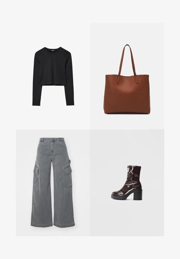 Haut court à manches longues noir avec encolure ronde, design uni et ourlet légèrement arrondi.; Pantalon cargo large gris en coton, comportant deux poches cargo latérales et une taille haute, avec une finition lisse et légèrement texturée.; Bottines bordeaux brillantes à talon épais noir, avec une texture lisse et un design simple. Aucune fermeture visible ni motifs.; Sac fourre-tout en cuir marron avec une texture lisse, design à ouverture supérieure et deux poignées pour le porter à l'épaule. Présente des coutures minimales et aucun matériel visible.