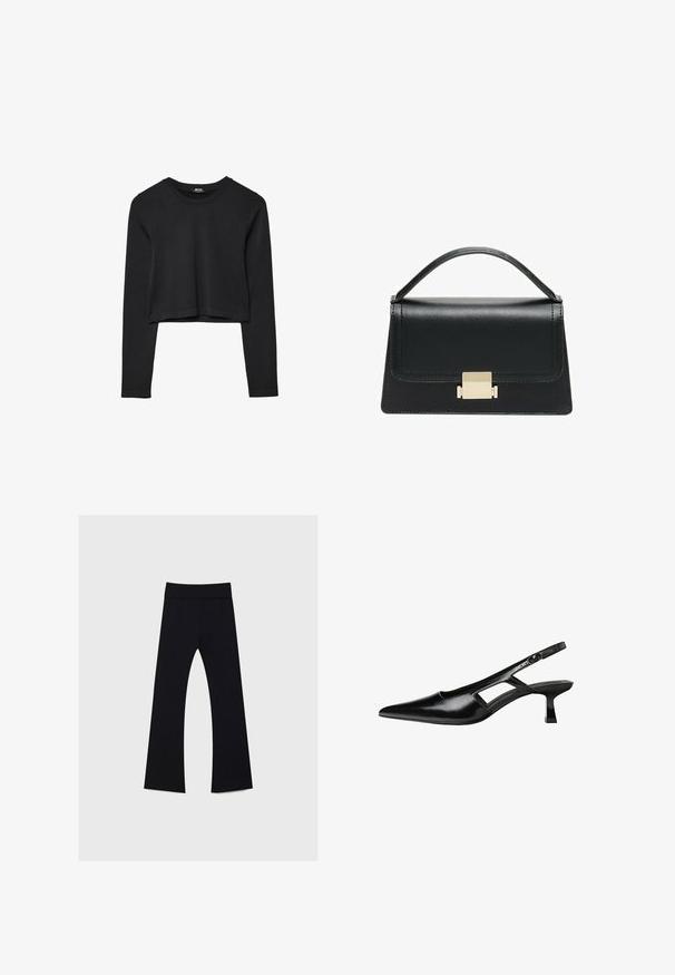 Črna dolgi rokavi prerezana majica s krožnim izrezom, enostaven dizajn in rahlo ukrivljen rob.; Črne joga hlače z visokim pasom, narejene iz raztegljive tkanine, z obliko krila noge in gladko teksturo po celotnem obsegu.; Črne patentični usnjeni salonarji s slingback designom, z zašiljenim nosom, izrezanim stranskim dizajnom in majhnim kvadratnim peto. Gladka tekstura z minimalnimi detajli.; Črna usnjena torbica z strukturiranim dizajnom, zgornjim ročajem in zlate kovinske sponke na sprednji strani. Gladka tekstura, minimalno šivanje.