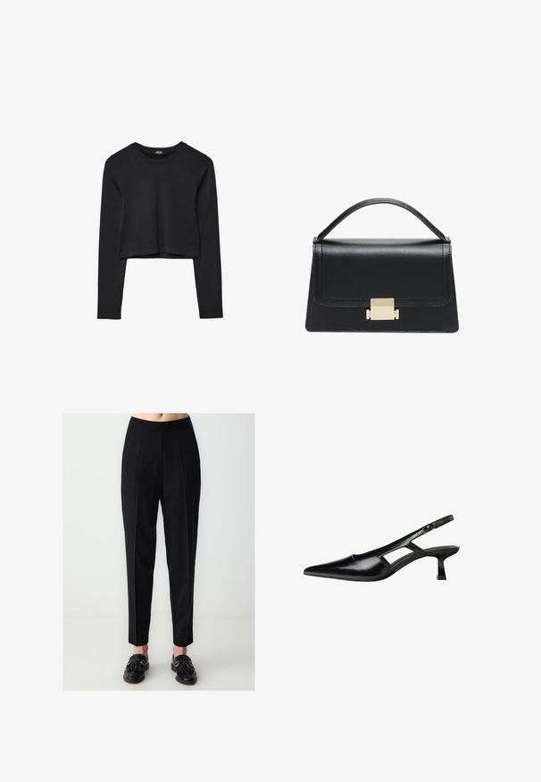 Top cropped nero a maniche lunghe con scollatura tonda, design semplice e orlo leggermente curvo.; Pantaloni neri su misura con vita aderente, gamba con pieghe e gamba affusolata. Tessuto liscio con finitura opaca, abbinati a mocassini neri.; Tacchi slingback in pelle verniciata nera con punta affusolata, design con tagli laterali e tacco quadrato piccolo. Texture liscia con dettagli minimi.; Borsa a tracolla in pelle nera con design strutturato, manico superiore e dettaglio in metallo dorato sulla parte frontale. Texture liscia, cuciture minime.