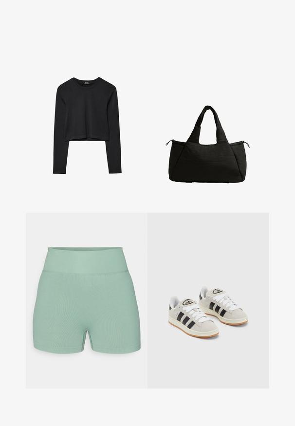 Black long-sleeve cropped top with round neckline, plain design, and a slightly curved hem.; Mint green, ribbed fabric shorts with a high waistband and a fitted shape. Features a smooth texture and minimalist design.; Gray suede sneakers with white laces, black stripes, and a white rubber sole. Features a circular logo on the tongue and a gum sole.; Black tote bag with a puffy texture, featuring two short handles and a side pocket secured with a drawstring. Simple, angular design.