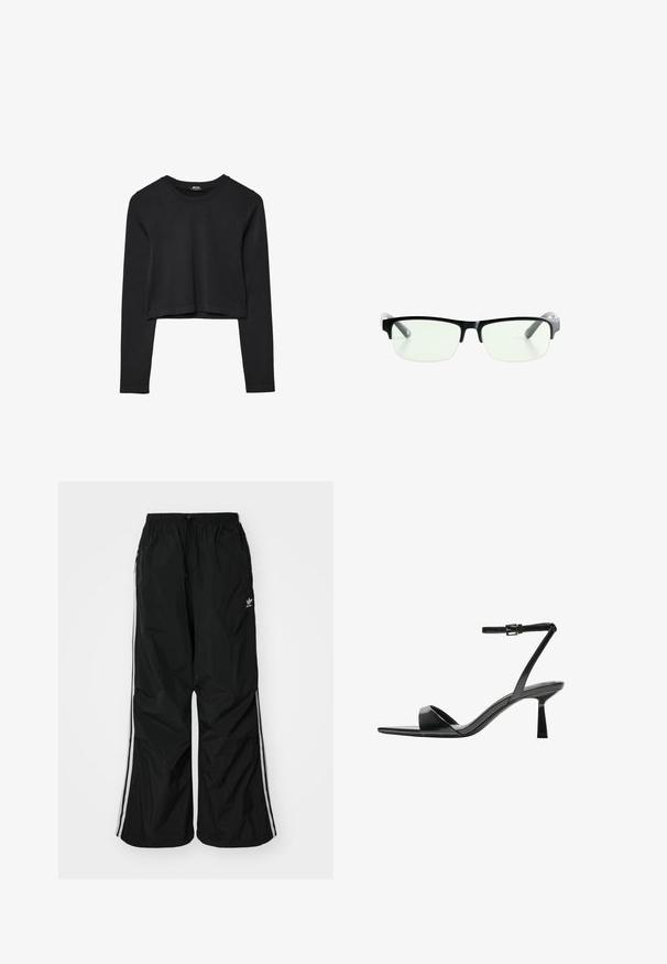 Black long-sleeve cropped top with round neckline, plain design, and a slightly curved hem.; Black windbreaker pants with an elastic waistband, drawstring, white side stripes, loose fit, featuring a small logo on the left side.; Bershka High heeled sandals - black; Black rectangular eyeglasses with clear lenses, featuring sleek black frames and gray transparent temple tips. Minimalist design, no visible branding.; Black patent leather handbag with a curved shape, one shoulder strap, front pockets, and silver-tone hardware accents.