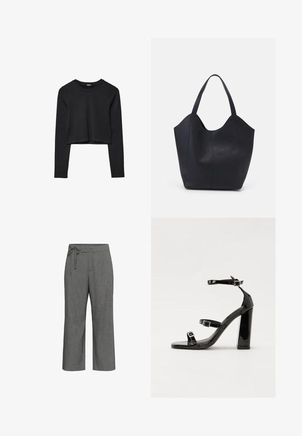 Black long-sleeve cropped top with round neckline, plain design, and a slightly curved hem.; Gray wide-leg pants with subtle pinstripe pattern, high waist, and tied drawstring belt detail at the waistband.; Black patent heeled sandals with a square toe, ankle straps, and silver buckles. Features a chunky block heel for stability.; Black tote bag made of smooth leather, featuring a curved, open top with two shoulder straps and a minimalist design.