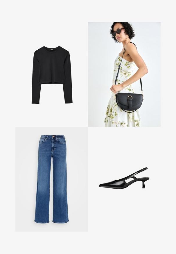 Černý dlouhý rukáv cropped top s kulatým výstřihem, jednoduchý design a mírně zaoblený lem.; Světle modré džíny s vysokým pasem a širokými nohavicemi, s knoflíkovým a zipovým zapínáním, a s předními a zadními kapsami, na jednobarevném světlém šedém pozadí.; Černé lakované lodičky na podpatku se špičatou špičkou, výřezovým designem na boku a malým čtvercovým podpatkem. Hladká textura s minimálními akcenty.; Černá kožená kabelka s křivkovým tvarem, odnímatelným popruhem a zlatými detaily. Kabelka má klopu s přezkou.