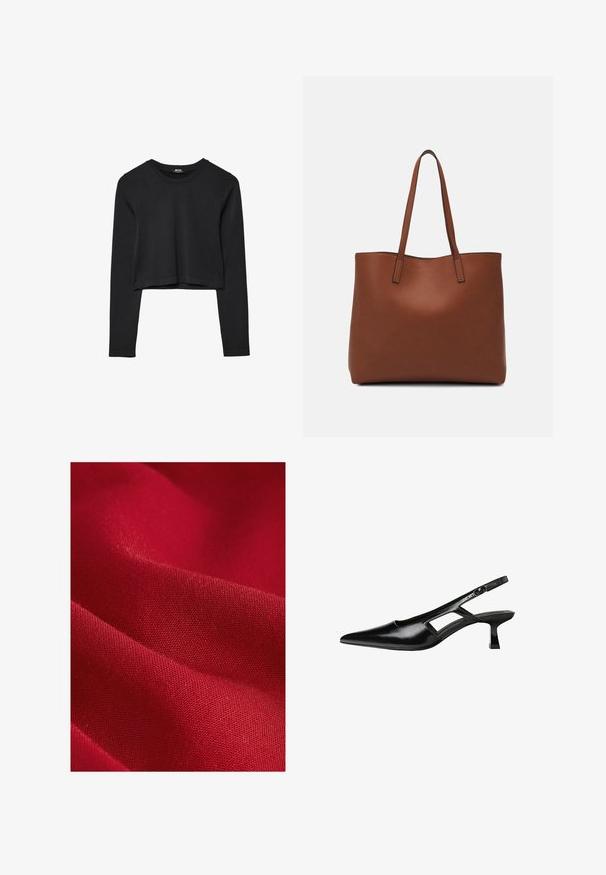 Haut court à manches longues noir avec encolure ronde, design uni et ourlet légèrement arrondi.; Tissu rouge avec une texture lisse, présentant un tissage fin et un léger éclat, affichant de douces plis et contours.; Escarpins slingback en cuir verni noir avec un bout pointu, un design découpé sur les côtés et un petit talon carré. Texture lisse avec des accents minimaux.; Sac fourre-tout en cuir marron avec une texture lisse, design à ouverture supérieure et deux poignées pour le porter à l'épaule. Présente des coutures minimales et aucun matériel visible.
