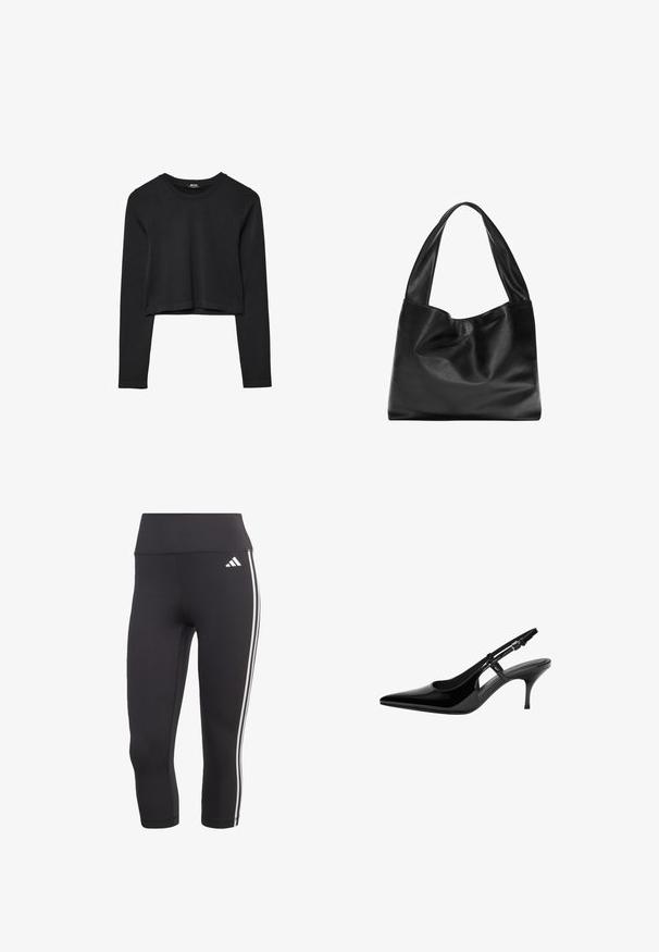 Czarny krótki top z długim rękawem, okrągłym dekoltem, gładkim wzorem i lekko zaokrąglonym dołem.; Czarne legginsy do trzech czwartych, wykonane z elastycznego materiału, z szerokim paskiem w talii i trzema białymi paskami po bokach.; Czarne lakierowane pantofle typu slingback z wydłużonym noskiem, otwartymi bocznymi wycięciami, smukłym obcasem i regulowanym zapięciem na kostkę.; Czarna skórzana torba na ramię o miękkim, zwisającym fasonie, szerokich uchwytach i gładkiej fakturze. Brak widocznych elementów metalowych lub ozdób.