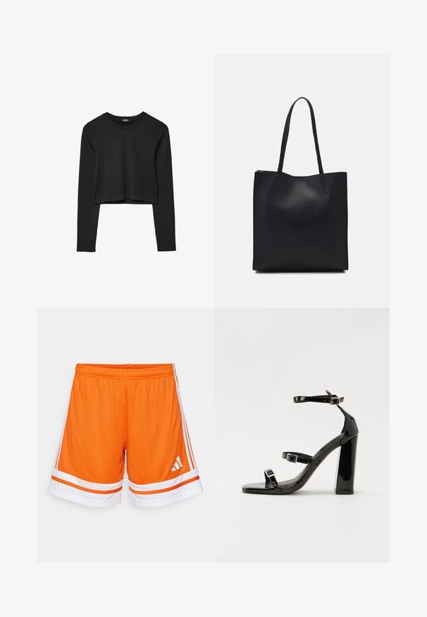 Schwarzes, langärmliges, kurz geschnittenes Oberteil mit Rundhalsausschnitt, schlichter Gestaltung und leicht abgerundetem Saum.; Orange Sportshorts aus strukturiertem Stoff mit weißen Akzenten und drei weißen Streifen an den Seiten. Elastischer Bund für zusätzlichen Komfort.; Schwarze patentierte Sandalen mit Absatz, quadratischer Spitze, Knöchelriemen und silbernen Schnallen. Mit einem stabilen Blockabsatz für mehr Stabilität.; Schwarze Laptoptasche aus Leder mit glatter Textur, rechteckiger Form und zwei langen Griffen. Keine sichtbaren Beschläge oder Verzierungen.