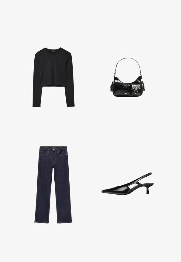 Čierny dlhý rukáv skrátený top s okrúhlym výstrihom, jednofarebný dizajn a mierne zakrivený lem.; Tmavomodré denimové nohavice so strihom rovného nohu, s piatimi vreckami a kontrastným šitím. Na leme sú bočné rozparky pre pridanie detailu.; Čierne lakované kožené lodičky na podpätku s špicatou špičkou, výrezovým dizajnom na boku a malým štvorcovým podpätkom. Hladký povrch s minimálnymi akcentmi.; Čierna laková kožená kabelka s ohnutým tvarom, jedným ramenným popruhom, prednými vreckami a striebornými kovovými doplnkami.