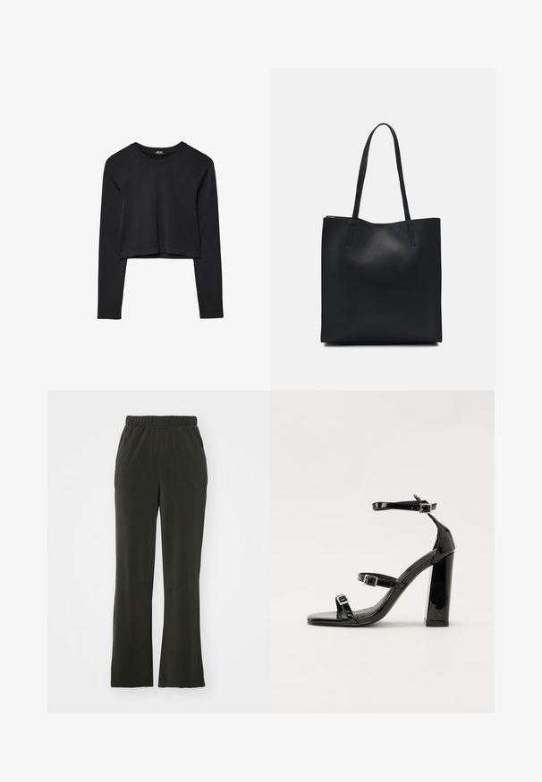 Black long-sleeve cropped top with round neckline, plain design, and a slightly curved hem.; Black, soft fabric pants with an elastic waistband, featuring a relaxed fit and straight legs. No visible patterns or accents.; Black patent heeled sandals with a square toe, ankle straps, and silver buckles. Features a chunky block heel for stability.; Black leather tote bag with smooth texture, rectangular shape, and two long handles. No visible hardware or embellishments.