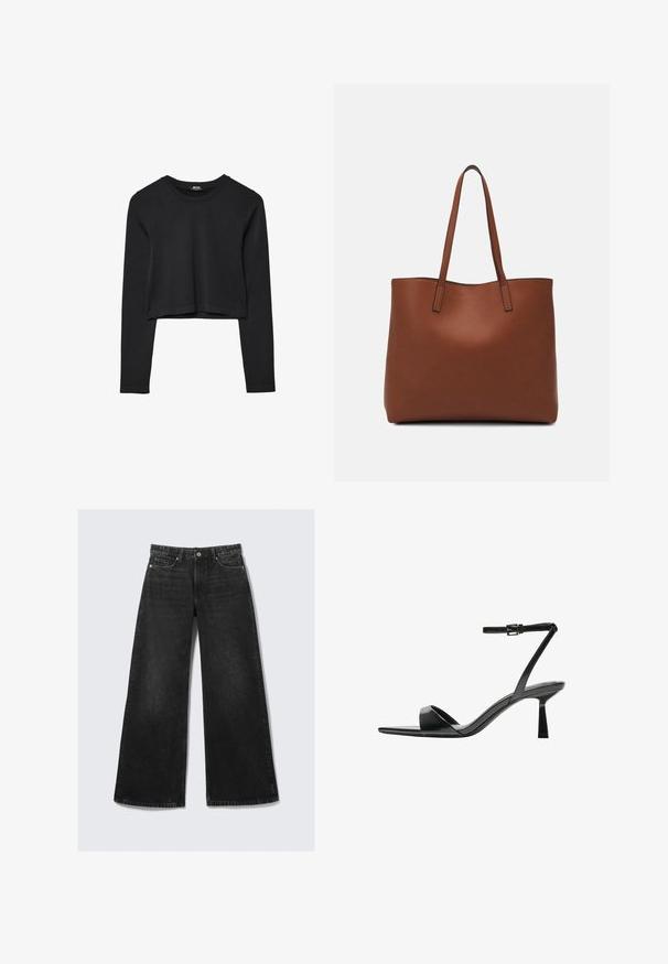 Black long-sleeve cropped top with round neckline, plain design, and a slightly curved hem.; Black wide-leg jeans with a high waist, made from denim. Features copper hardware, five-pocket design, and a faded texture.; Bershka High heeled sandals - black; Brown leather tote bag with a smooth texture, open top design, and two shoulder straps. Features minimal stitching and no visible hardware.