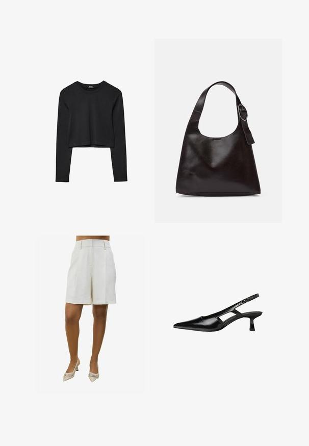 Top cropped nero a maniche lunghe con scollatura tonda, design semplice e orlo leggermente curvo.; Pantaloni corti in lino beige con design su misura, caratterizzati da due pieghe frontali e tasche laterali. Abbinati a scarpe con tacco a punta a righe.; Tacchi slingback in pelle verniciata nera con punta affusolata, design con tagli laterali e tacco quadrato piccolo. Texture liscia con dettagli minimi.; Borsa a spalla in pelle marrone con una texture liscia, forma arrotondata, ampia tracolla e un accento metallico circolare sul manico.