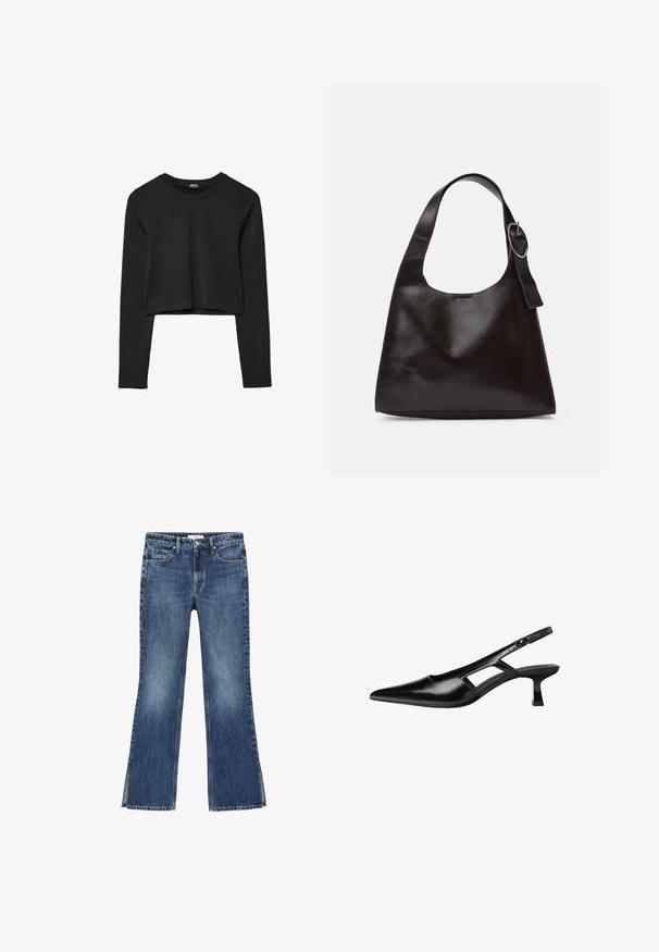 Black long-sleeve cropped top with round neckline, plain design, and a slightly curved hem.; Flared blue denim jeans with a medium wash, featuring a fitted waist, two front pockets, and split hems at the ankles.; Black patent leather slingback heels with a pointed toe, cut-out side design, and a small square heel. Smooth texture with minimal accents.; Brown leather shoulder bag with a smooth texture, rounded shape, wide strap, and circular metallic accent on the handle.