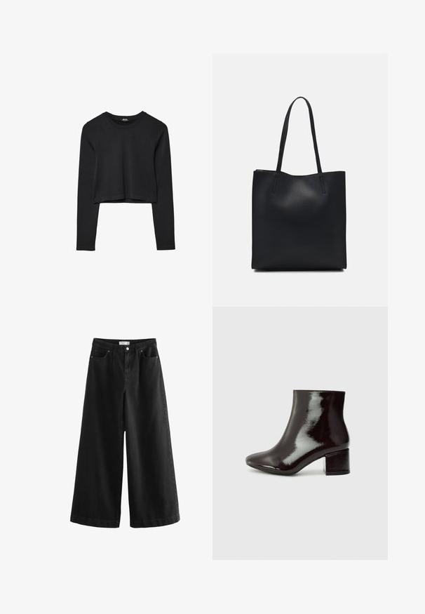 Zwarte lange mouwen cropped top met ronde halslijn, eenvoudige ontwerp en een licht gebogen zoom.; Zwarte wijduitlopende jeans van denim, met een hoge taille, vijf zakken en een strakke afwerking. De stof heeft een gladde textuur en minimale accenten.; Zwarte gepatineerde leren enkelboots met een spitse neus en een chunky hak. Gladde textuur met een subtiele glans en strakke lijnen, minimalistisch ontwerp.; Zwarte leren handtas met een gladde textuur, rechthoekige vorm en twee lange handvaten. Geen zichtbare hardware of versieringen.
