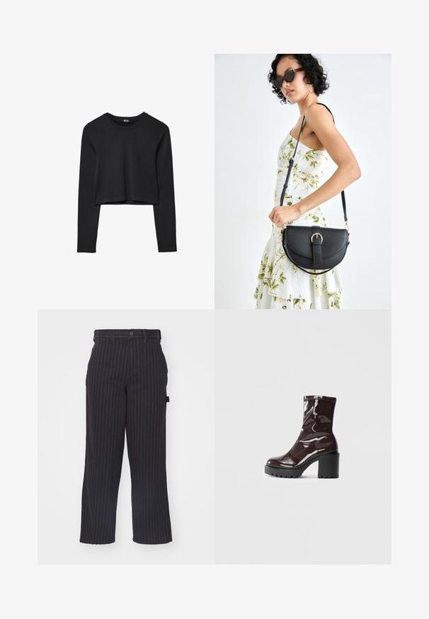 Crni dugi rukav uski crop top s okruglim izrezom, jednostavnog dizajna i blago zakrivljenim rubom.; Crne hlače s prugicama izrađene od teksturirane tkanine sa ravnim krojem, s kopčanjem na gumb i petljama za remen.; Sjajna burgundska čizma do gležnja s debelim crnim potplatom, koja se odlikuje glatkom teksturom i jednostavnim dizajnom. Nema vidljivih kopčanja ili uzoraka.; Crna kožna torba s lukovitim oblikom, odvojivim remenom i zlatnim detaljima. Torba ima preklop s kopčom.