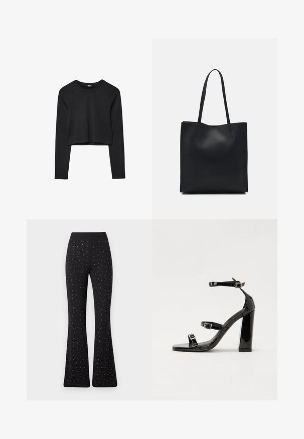 Sort langærmet cropped top med rund halsudskæring, ensfarvet design og let buet kant.; Svart flagrende bukser med jævnt fordelte små hvide prikker og en simpel talje mod en hvid baggrund.; Sorte patenterede hælsandaler med firkantet tå, ankelremme og sølvspænder. Har en chunky blokHæl for stabilitet.; Sort læder tote taske med glat tekstur, rektangulær form og to lange hanke. Ingen synlig hardware eller udsmykninger.