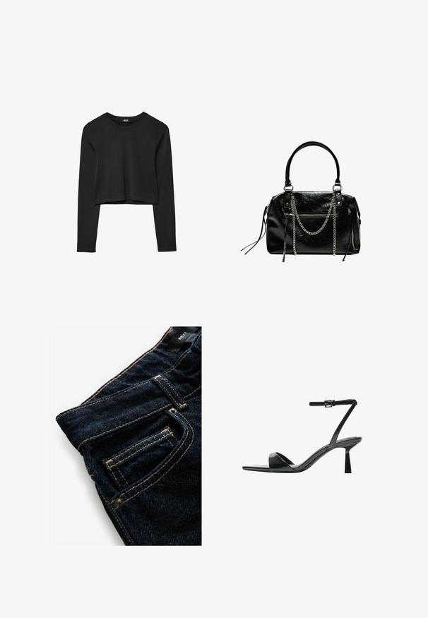 Schwarzes, langärmliges, kurz geschnittenes Oberteil mit Rundhalsausschnitt, schlichter Gestaltung und leicht abgerundetem Saum.; Dunkelblaue Jeans aus Denim mit kontrastierenden orangefarbenen Nähten, ausgestattet mit einer Vordertasche, Nieten und einer glatten Textur.; Bershka High Heel Sandalette - black; Bershka WITH CHAIN - Handtasche - black