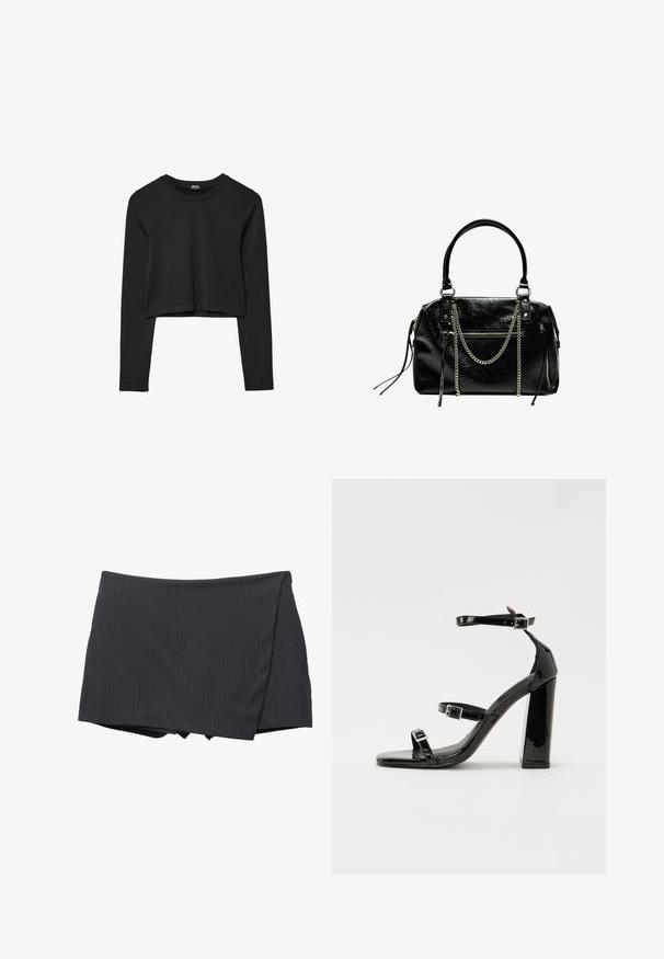 Haut court à manches longues noir avec encolure ronde, design uni et ourlet légèrement arrondi.; Mini-jupe noire à rayures, avec un design enroulé, fabriquée à partir d'un tissu lisse. Dispose d'une finition soignée et sans attache visible.; Sandales à talons vernies noires avec un bout carré, des sangles autour de la cheville et des boucles en argent. Dotées d'un talon bloc épais pour plus de stabilité.; Bershka WITH CHAIN - Sac à main - black