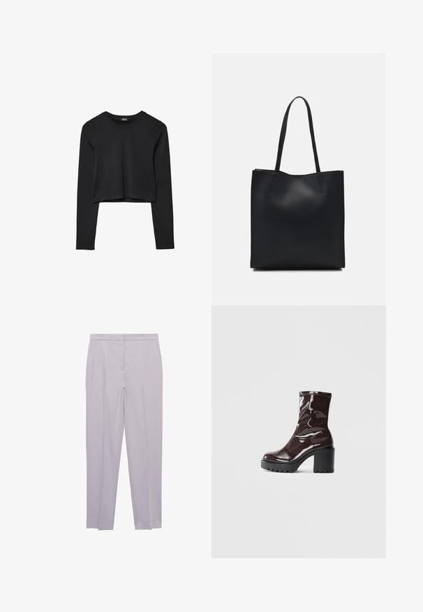 Črna dolgi rokavi prerezana majica s krožnim izrezom, enostaven dizajn in rahlo ukrivljen rob.; Svetlosivi elegancki hlače s ravnim krojem, ki imajo gladko teksturo in stranske žepe, zasnovane v čistem, sodobnem slogu.; Sijajan škrlatank z bleščečim videzom, z masivnim črnim peto, ki se ponaša z gladko teksturo in preprostim dizajnom. Brez vidnih zapenjal ali vzorcev.; Črna usnjena torba s svilnato teksturo, pravokotne oblike in dvema dolgima ročajema. Brez vidnih metalnih delov ali okrasnih elementov.