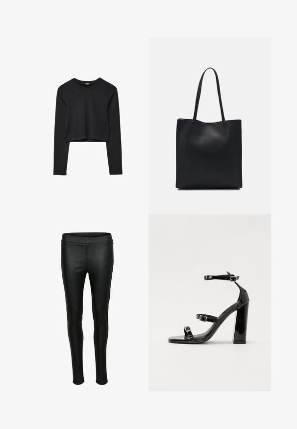 Haut court à manches longues noir avec encolure ronde, design uni et ourlet légèrement arrondi.; Leggings noirs en simili cuir avec une texture lisse, une silhouette ajustée et une taille élastique. Coutures minimales et pas de poches.; Sandales à talons vernies noires avec un bout carré, des sangles autour de la cheville et des boucles en argent. Dotées d'un talon bloc épais pour plus de stabilité.; Sac fourre-tout en cuir noir avec une texture lisse, de forme rectangulaire et deux longues poignées. Pas de matériel ou d'ornementations visibles.