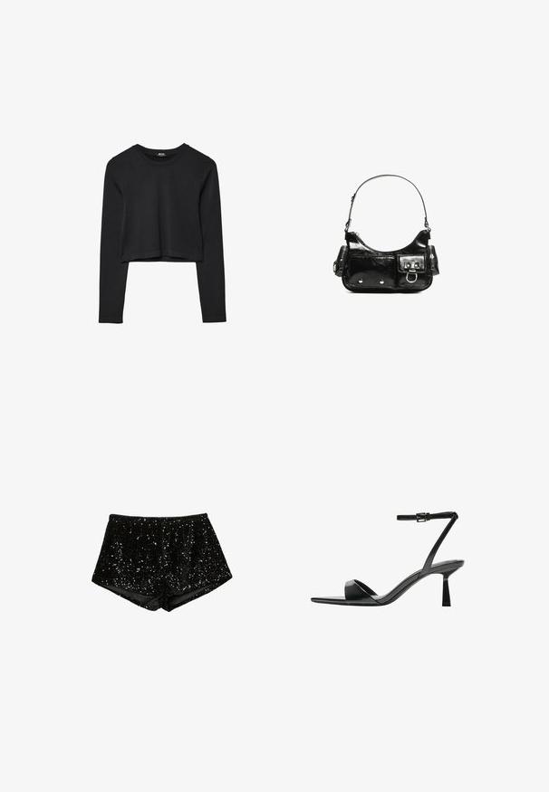 Black long-sleeve cropped top with round neckline, plain design, and a slightly curved hem.; Black sequin shorts with a fitted, textured design. The fabric features shiny sequins arranged in a decorative pattern.; Bershka High heeled sandals - black; Black patent leather handbag with a curved shape, one shoulder strap, front pockets, and silver-tone hardware accents.