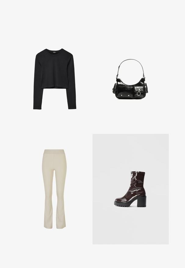 Crni dugi rukav uski crop top s okruglim izrezom, jednostavnog dizajna i blago zakrivljenim rubom.; Bež hlače s obilježjem, izrađene od rastezljivog materijala, s visokim pojasom i suptilnim bočnim prorezima na rubu za dodatne detalje.; Sjajna burgundska čizma do gležnja s debelim crnim potplatom, koja se odlikuje glatkom teksturom i jednostavnim dizajnom. Nema vidljivih kopčanja ili uzoraka.; Crna patentna kožna torba s zakrivljenim oblikom, jednim remenom za rame, prednjim džepovima i akcentima od srebrnog tona.
