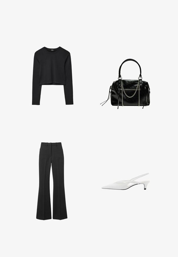 Čierny dlhý rukáv skrátený top s okrúhlym výstrihom, jednofarebný dizajn a mierne zakrivený lem.; Čierne rozšírené nohavice vyrobené z hladkého materiálu. Obsahujú dve vrecká na zadnej strane a pútka na opasok, s širokým strihom, ktorý sa smerom k pásu zužuje.; Biele slingback podpätky s špicatou špičkou, s hladkým zvrškom, jemnými výrezmi a nízkym blokovým podpätkom. Čierna podrážka zvýrazňuje dizajn.; Bershka WITH CHAIN - Kabelka - black