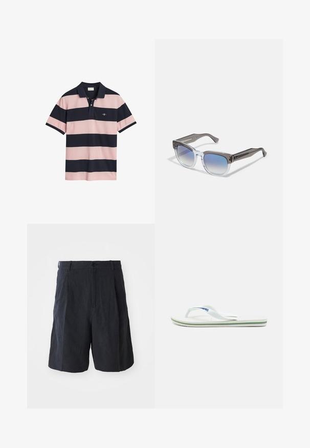 Polohemd mit horizontalen Streifen in Marineblau und Hellrosa, Kragen, zwei Knöpfe an der Knopfleiste und einem kleinen gestickten Logo auf der Brust.; Weekday LOOSE SUIT - Shorts - black; Weiße Flip-Flops mit strukturierter Innensohle, schlanken Riemen und einer mehrfarbigen Akzentlinie an der Sohle. Mit Logo auf dem Riemen.; Graue und klare Sonnenbrille mit quadratischer Form, verlaufenden blauen Gläsern und metallischen Akzenten an den Bügeln. Leichtes Material.