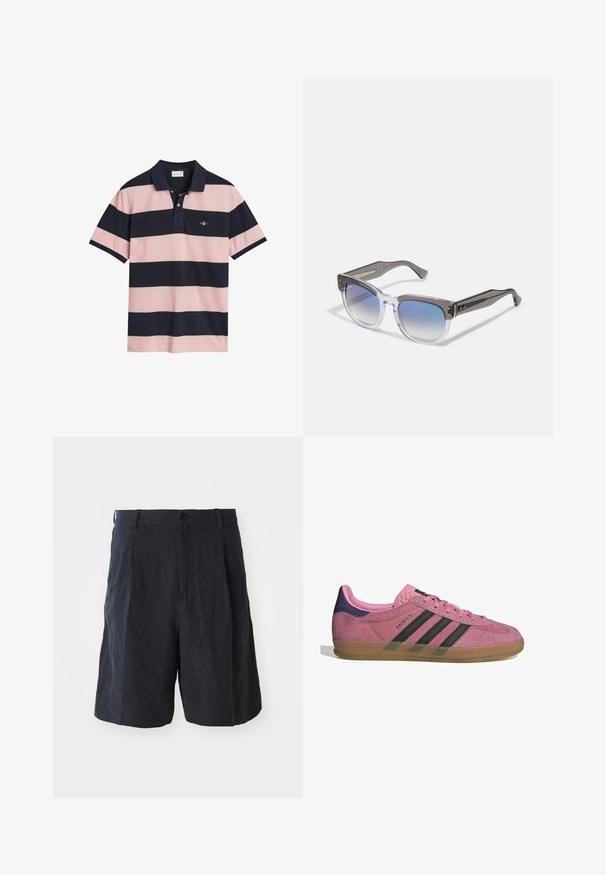 Pikétröja med marinblå och ljusrosa horisontella ränder, krage, tvåknappslukning och en liten broderad logotyp på bröstet.; Weekday LOOSE SUIT - Shorts - black; Rosa mockasnöre med svarta ränder, gummsula och texturerad lila häl. Har en snörningsdesign och prägling på sidan.; Grå och klara ramglasögon med en fyrkantig form, gradientblå linser och metalliska detaljer vid bågarna. Lätt material.
