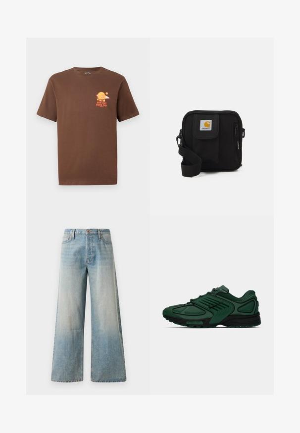 Brązowy T-shirt z krótkim rękawem z małą pomarańczową grafiką hamburgera trzymającego deskę surfingową oraz napisem "SUN OUT BUNS OUT" na lewej piersi.; Jasnoniebieskie dżinsowe spodnie typu wide-leg. Posiadają wysoki stan, zapięcie na guzik oraz delikatne przetarcia, gładką teksturę i przeszycia.; Ciemnozielone buty biegowe Nike z czarnymi akcentami, siateczkowa cholewka, sznurowadła i podeszwa Nike Air na całej długości na białym tle.; Czarna torba na ramię z zamykaną na zamek główną komorą, przednią kieszenią, regulowanym paskiem oraz widoczną łatką z logo na klapie.