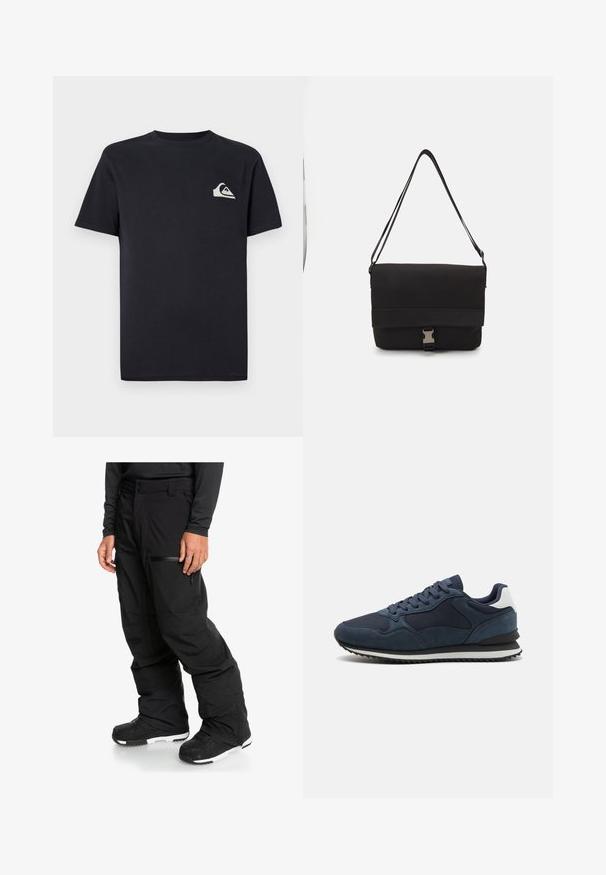 Zwarte T-shirt met een klein wit logo op de linkerkant van de borst, tegen een effen witte achtergrond.; Zwarte sneeuwbroek met een losse pasvorm, voorzien van ritszakken, een verstelbare taille en gemaakt van waterafstotend materiaal.; Marineblauwe sneakers van een combinatie van suede en mesh materialen, met platte veters, een witte hielaccent en een gestructureerde zwarte rubberen zool.; Zwarte schoudertas van glad materiaal, met een omklapflap, zilveren sluiting en een verstelbare schouderband.