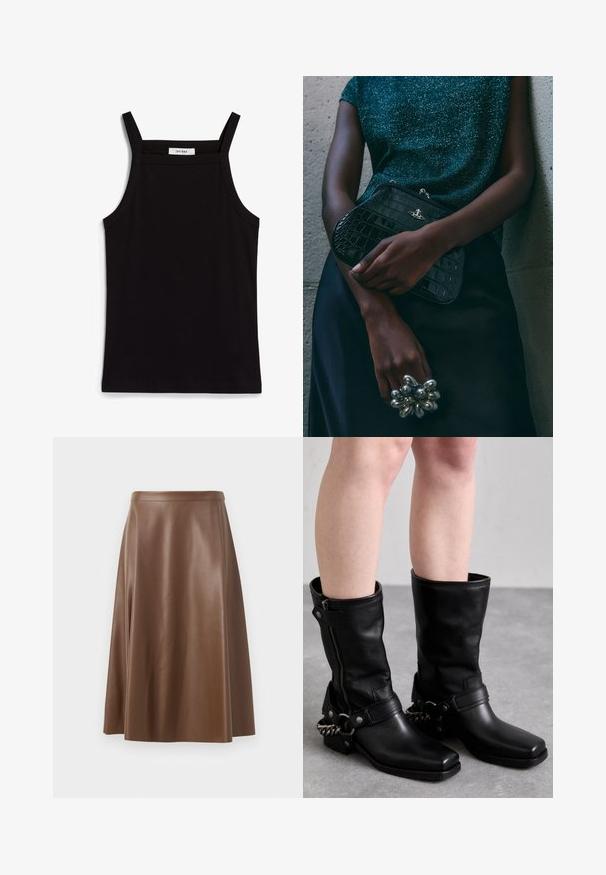 Czarny top na ramiączkach z cienkimi spaghetti, wykonany z żebrowanej tkaniny, z prostym krojem i metką przy wycięciu na szyję z napisem "IVY OAK."; Brązowa skórzana spódnica w kształcie litery A o gładkiej fakturze i długości midi. Posiada dopasowany pas w talii i lekko rozszerza się od bioder.; Czarne skórzane kozaki do kolan z kwadratowym noskiem, bocznym zamkiem błyskawicznym i regulowanym paskiem z metalowym akcentem w postaci łańcucha. Matowe wykończenie i solidna podeszwa.; Czarna kopertówka w wzór krokodyla z srebrnymi akcentami, trzymana na szarym, teksturowanym tle. Posiada błyszczącą powierzchnię.; Czarne rękawiczki wykonane z przezroczystej tkaniny z teksturowanymi wzorami kwiatowymi i okrągłymi. Długi fason z gładkim wykończeniem oraz metką na jednej rękawiczce.
