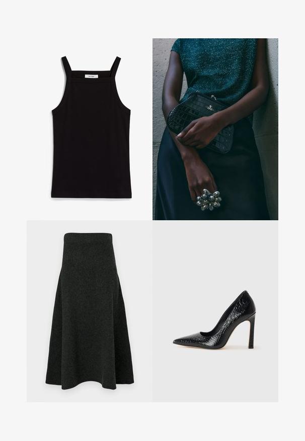 Débardeur noir à fines bretelles, en tissu côtelé, avec une coupe droite et une étiquette au niveau du col indiquant "IVY OAK."; Une jupe en feutre vert foncé avec une silhouette évasée, taille haute et texture lisse. L'ourlet est doucement courbé pour un aspect fluide.; Escarpin noir à bout pointu avec texture en cuir de crocodile, présentant un design élégant, un haut talon aiguille et un intérieur noir lisse.; Sac à main en cuir noir à motif crocodile avec des finitions en métal argenté, posé sur un fond texturé gris. Présente une surface brillante.