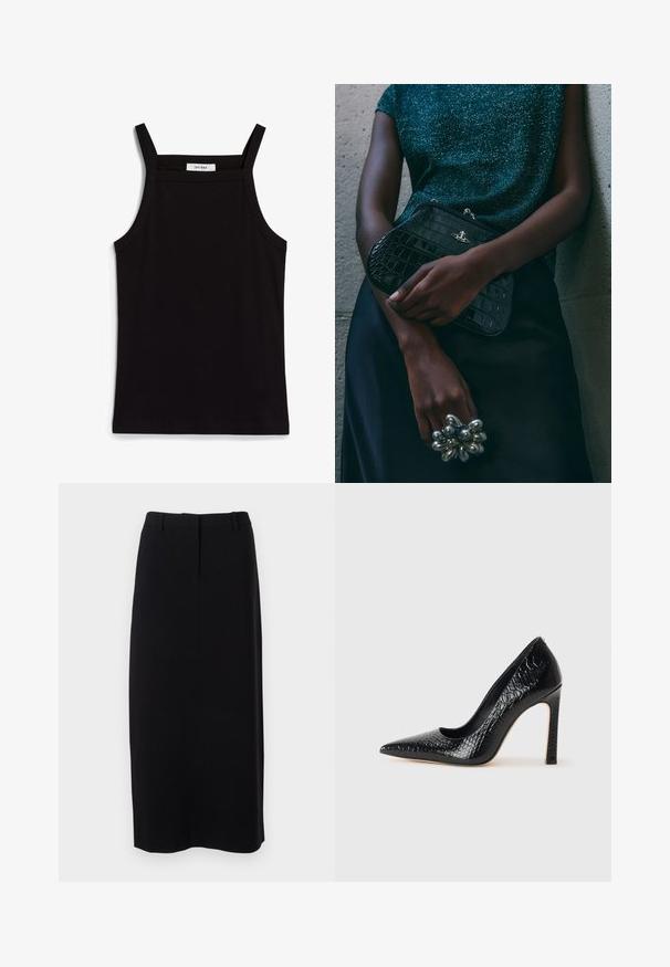 Melna tops ar plānām spaghetti siksniņām, izgatavots no ribota auduma, ar taisnu griezumu un uzrakstu uz kakla izgriezuma "IVY OAK."; Melnā, līdz ceļiem garā zīda svārki, kas izgatavoti no gludas auduma ar pieguļošu jostasvietu, ar smalkām priekšējām krokām un bez redzamām aizdaru detaļām.; Melni augstpapēžu apavi ar norādītu purngalu, ar krokodila ādas tekstūru, izceļoties ar elegantu dizainu, augstu stiletto papēdi un gludu melnu interjeru.; Melna krokodilā ādas raksta rokassoma ar sudraba detaļām, turēta pretī tekstūrētai pelēkai fona. Iespējo spīdīgu virsmu.