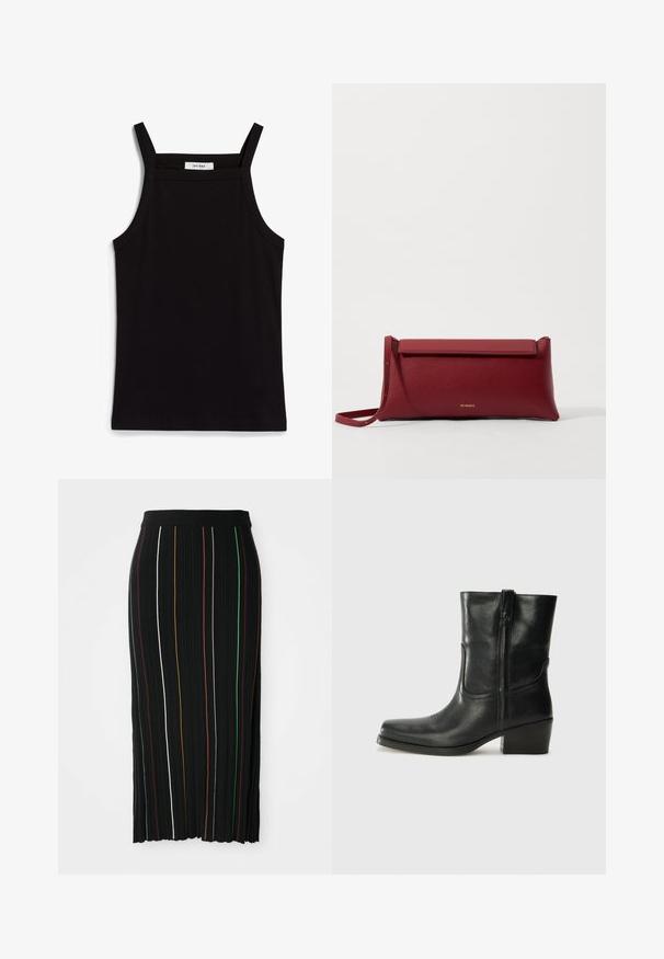 Canotta nera con spalline sottili, realizzata in un tessuto a coste, caratterizzata da un taglio dritto e un'etichetta sul collo che recita "IVY OAK."; Gonna nera plissè con strisce verticali gialle, arancioni, rosse, verdi e bianche. Presenta una vita aderente e un orlo leggermente irregolare.; Stivale ankle in pelle nera con punta arrotondata, tacco a blocco, cerniera laterale e dettagli in cucitura sulla tomaia. Texture liscia, design classico.; Borsa a pochette rossa in pelle con finitura texturizzata, dotata di un sopra pieghevole piatto e di una tracolla corta. Logo del marchio discreto sulla parte anteriore.
