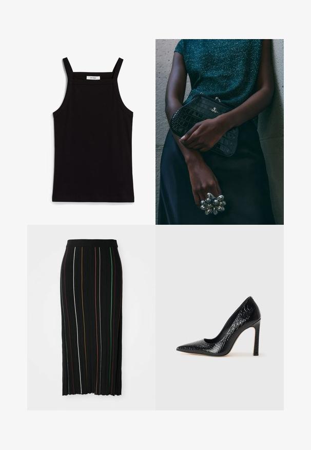 Fekete ujjatlan felső, vékony spagetti pántokkal, bordás anyagból készült, egyenes vonalú fazonnal, a nyakrészen "IVY OAK" felirattal.; Fekete pliszírozott szoknya függőleges sárga, narancssárga, piros, zöld és fehér csíkokkal. Kiemelkedő derékrésszel rendelkezik, és az alja enyhén aszimmetrikus.; Fekete hegyes orrú magassarkú cipő krokodilbőr textúrával, letisztult dizájnnal, magas tűsarkú és sima fekete belső résszel.; Fekete krokodilbőr mintázatú válltáska ezüst hardware-rel, egy texturált szürke háttér előtt tartva. Fényes felülettel rendelkezik.