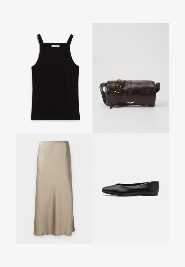 Zwarte tanktop met dunne spaghettibandjes, gemaakt van ribstof, met een rechte snit en een label op de hals dat "IVY OAK" zegt.; Satijnen midi-rok in lichtbeige met een elastische tailleband, een gladde textuur en een vloeiende A-lijn vorm. Geen zichtbare patronen of hardware.; Paul Smith TOPANGA - Ballerina's - black; Bruine krokodil-embosserende leren tas met een cilindervorm, gouden hardware en een afneembare schouderband met studs.