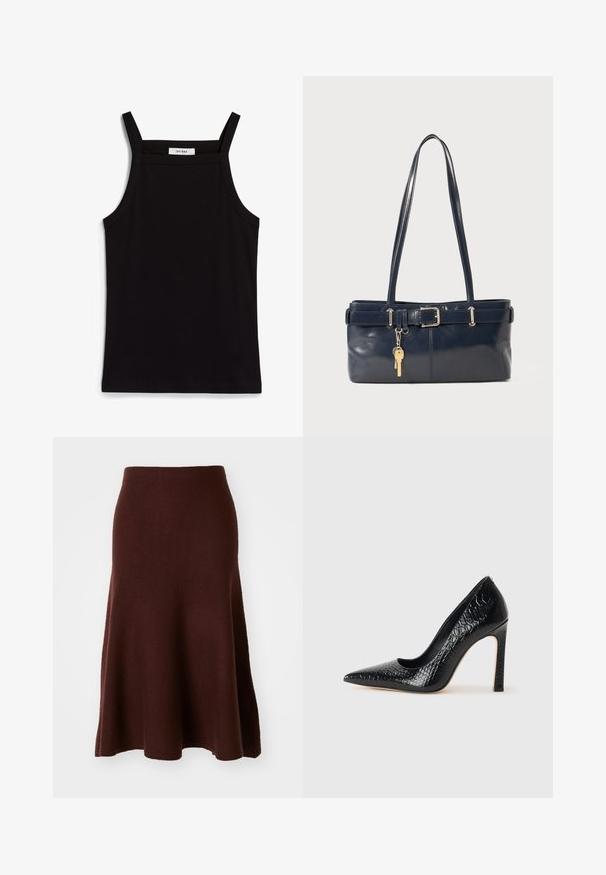 Débardeur noir à fines bretelles, en tissu côtelé, avec une coupe droite et une étiquette au niveau du col indiquant "IVY OAK."; Jupe en laine mérinos marron, forme A, texture lisse, longueur genou avec un ourlet évasé, coutures minimales, convient pour un port décontracté.; Escarpin noir à bout pointu avec texture en cuir de crocodile, présentant un design élégant, un haut talon aiguille et un intérieur noir lisse.; Sac à main en cuir bleu marine avec deux longues poignées, un détail de boucle et un porte-clés accroché. Il présente une texture lisse et une forme rectangulaire.