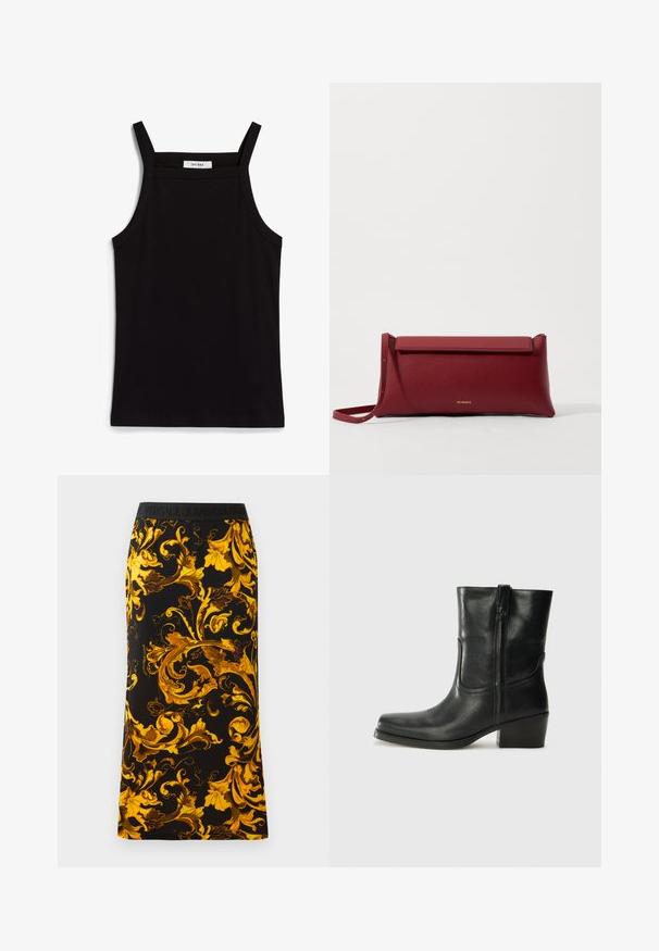 Melna tops ar plānām spaghetti siksniņām, izgatavots no ribota auduma, ar taisnu griezumu un uzrakstu uz kakla izgriezuma "IVY OAK."; Melna svārku kleita ar dzīvīgu zelta ziedu rakstu, izgatavota no mīkstas auduma, ar elastīgu melnu jostu, kurā ir redzams zīmola logo.; Melna ādas potīte ar noapaļotu purngalu, bloku papēdi, sānu rāvējslēdzēju un šuvju akcentiem uz virsmas. Gluda tekstūra, klasiskā dizaina.; Sarkans ādas klasisks maciņš ar teksturētu virsmu, ar plakanu salokāmu augšpusi un īsu siksniņu. Uz priekšpuses ir smalks zīmola logo.