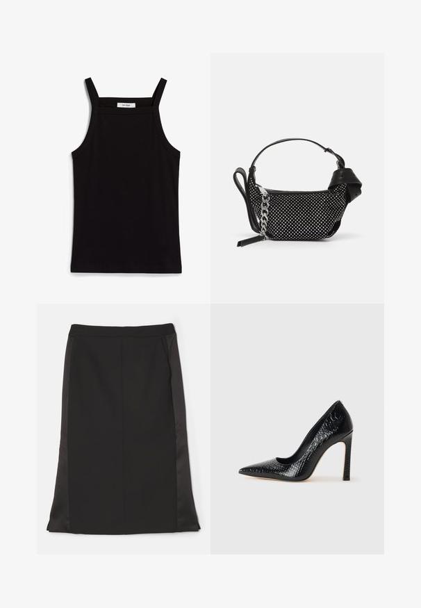 Črna majica brez rokavov z tankimi naramnicami, izdelana iz rebrastega materiala, z ravnim krojem in oznako na ovratniku z napisom "IVY OAK."; Črna svinčnik krilna z gladkim površinskim zaključkom, ki ima stranske žepe in rahlo mat satenski stranski panel za kontrast.; Črne čevlje z visoko peto in konico v obliki puščice, z teksturo krokodilje kože, ki se ponašajo s sleek oblikovanjem, visokim stiletto peto in gladkim črnim notranjostjo.; Črna torbica z okrasnimi žebljički, verižnim trakom in gladkim usnjenim ročajem, zaokrožene oblike z zaklepanjem na zadrgo.