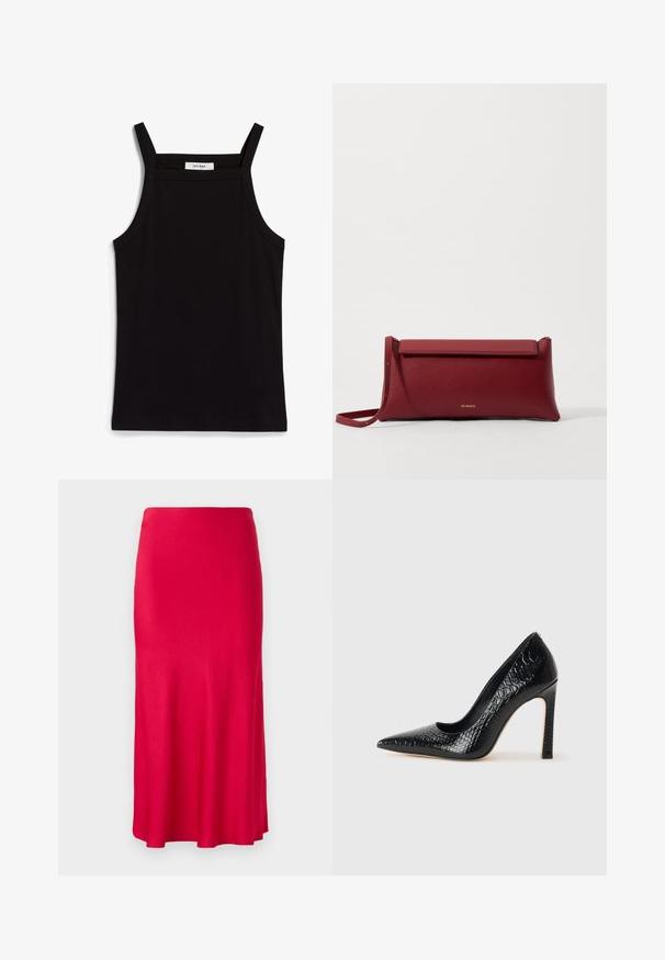 Schwarzes Tanktop mit dünnen Spaghetti-Trägern, aus geripptem Stoff, mit geradem Schnitt und einem Etikett am Hals, auf dem "IVY OAK" steht.; Roter, kniebewährter Rock aus glattem, dehnbarem Stoff. Eng an der Taille mit einem ausgestellten Saum, ohne sichtbare Verschlüsse oder Muster.; Schwarzer, spitz zulaufender High Heel mit Krokodilleder-Struktur, elegantem Design, hohem Stiletto-Absatz und glattem schwarzen Innenraum.; Rote Leder-Clutch mit strukturiertem Finish, ausgestattet mit einem flachen Klappdeckel und einem kurzen Tragegriff. Diskretes Markenlogo auf der Vorderseite.